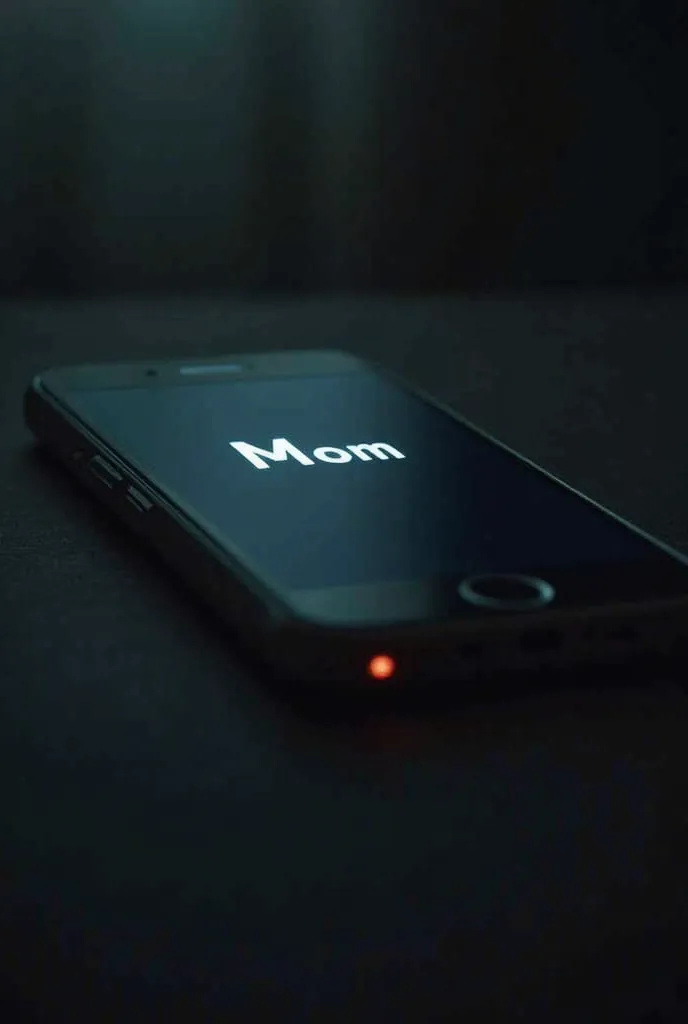 A mobile phone on a dark table, vibrating with the screen on. The name “Mom” appears in white letters, while the light from the screen softly illuminates the environment. The scene is grim , with a focus on the phone and the blurred background to create a ...