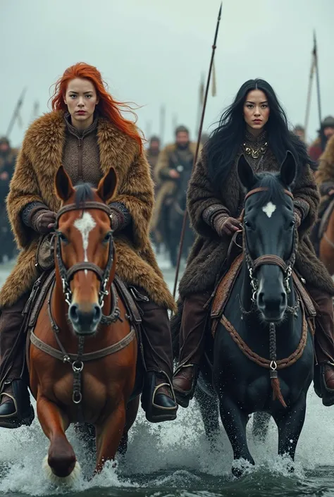 Two Asian Viking women in furs ride horses on water and look at the camera. One woman has red hair, the second woman has black hair. Behind the women, you can see a Viking army on horseback. looks at the viewer, high resolution, Точность,  in detail, high ...