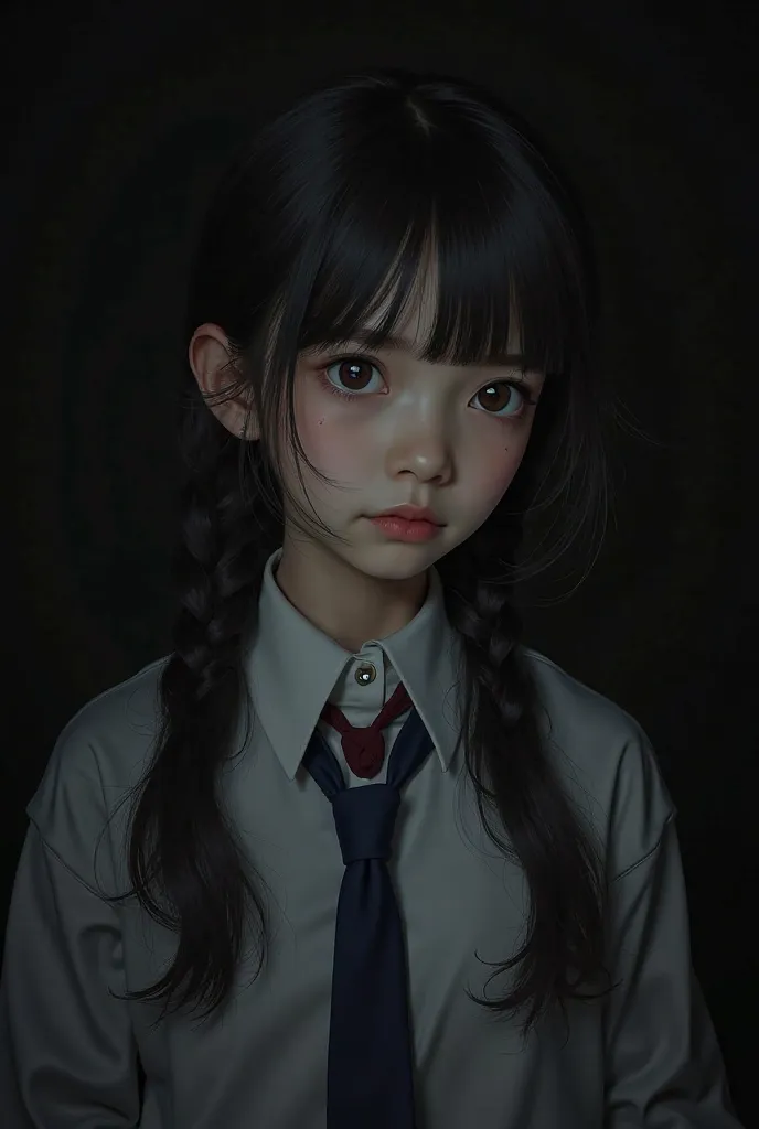 high detail. hyperrealism. age girl with dark hair in school uniform on a black background