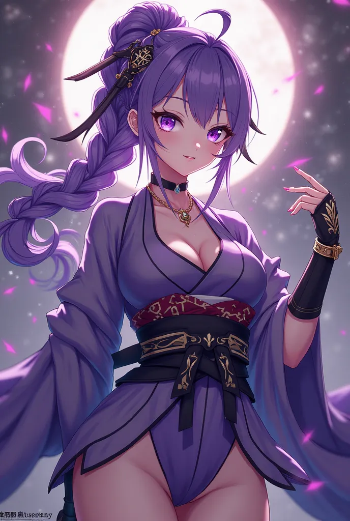 (masterpiece, best quality, amazing quality), (realistic:1.2), raiden shogun, genshin impact, 1girl, purple eyes, mole under eye, purple hair, long hair, very long hair, braided ponytail, hair ornament, cleavage, thighs, short purple kimono, purple nails, ...