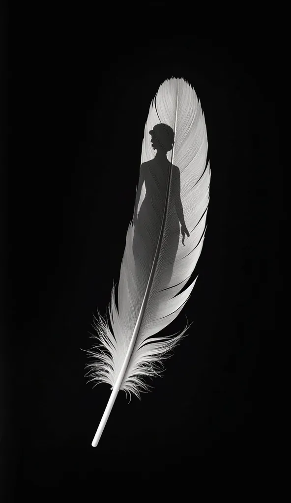 (A Floating Feather, single cutout, black background), On the surface of one feather、The figure of a beautiful woman is projected onto the surface of a single feather, \On the surface of one feather、The people you want to meet will emerge...\, Seamless Int...