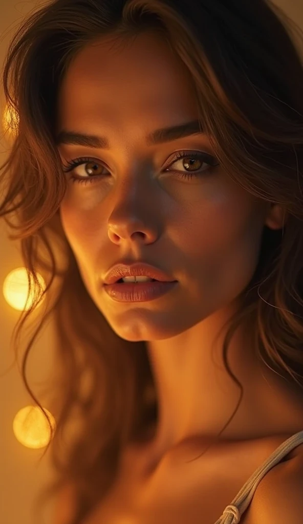 "Ultra-realistic close-up of a breathtakingly seductive woman staring directly into the camera with mesmerizing, piercing eyes. Her gaze is intense yet enigmatic, as if she holds the secrets of attraction. Warm, cinematic lighting enhances her delicate fea...