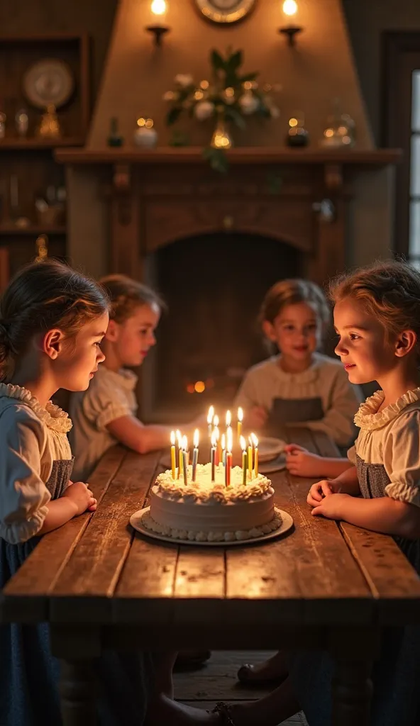 18th-century German ren, gathered around a wooden table, 18th-century Germany, dressed in simple yet elegant period clothing, inside a cozy candle-lit room, blowing out candles on a birthday cake during a Kinderfest, rustic wooden furniture and a fireplace...