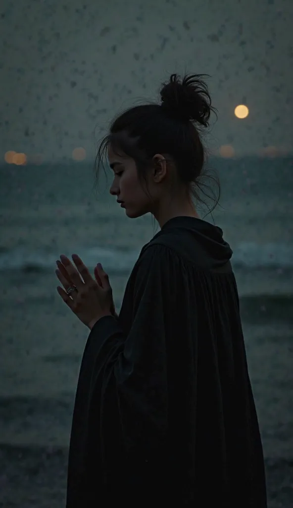 "Arise, O love, it is night, and the challenge is yours "writing A servant in love with God praying in a peaceful night setting a black draped black clothed back with a face unseen young hair tied up in a bun tied up in a bun