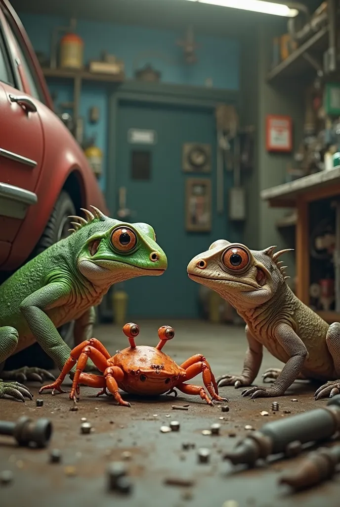 Two lizards and a crab in an auto repair shop