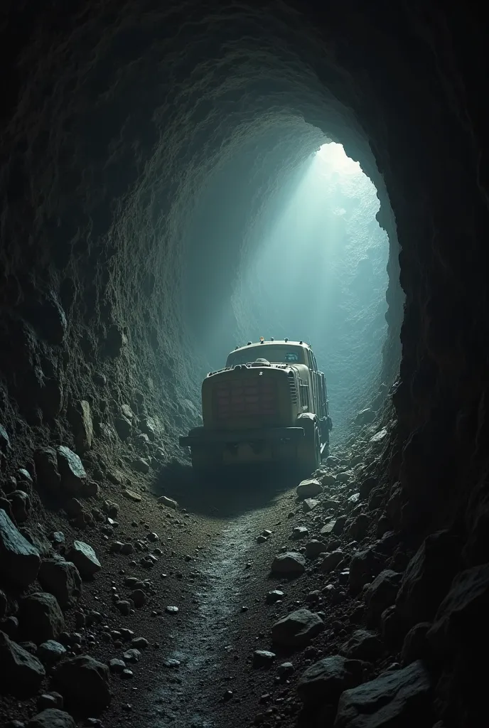 A dark, narrow mine gallery, with dust hanging in the air after a landslide. A tumbled wagon and rocks scattered across the floor. A miner's flashlight partially illuminates the scene,Very dark, almost to the point where you can't see anything revealing th...