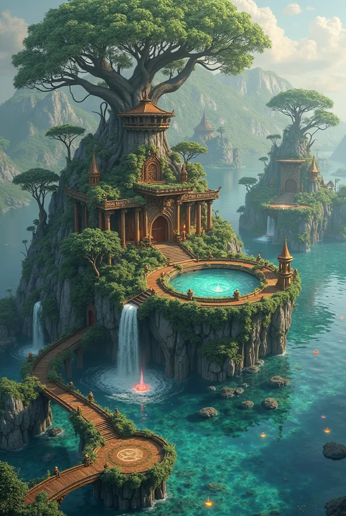 A mystical floating city built over crystal-clear waters, where interconnected islands form a harmonious sanctuary between nature and civilization. Each island hosts druidic-inspired structures, with towering wooden halls entwined with ancient roots, vine-...