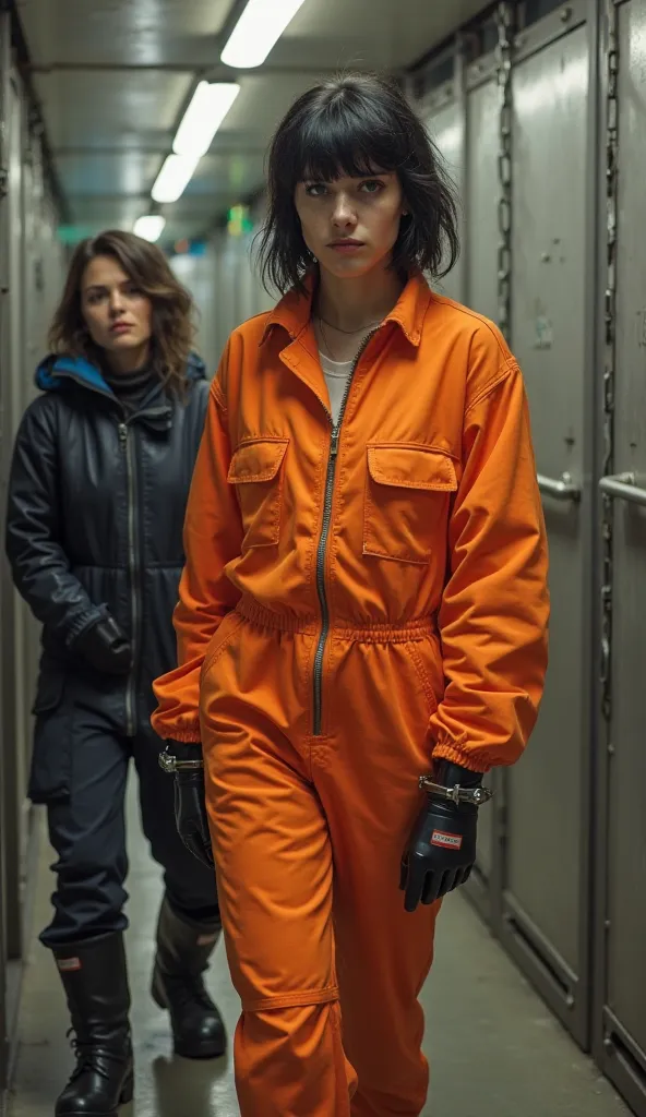 A French punk girl with a fringe haircut, handcuffed being transported in chain gang. A police woman in leather is whatching her. She's wearing a zipped  orange prison jumpsuit, black Hunter rubber boots. Fullbody veiw