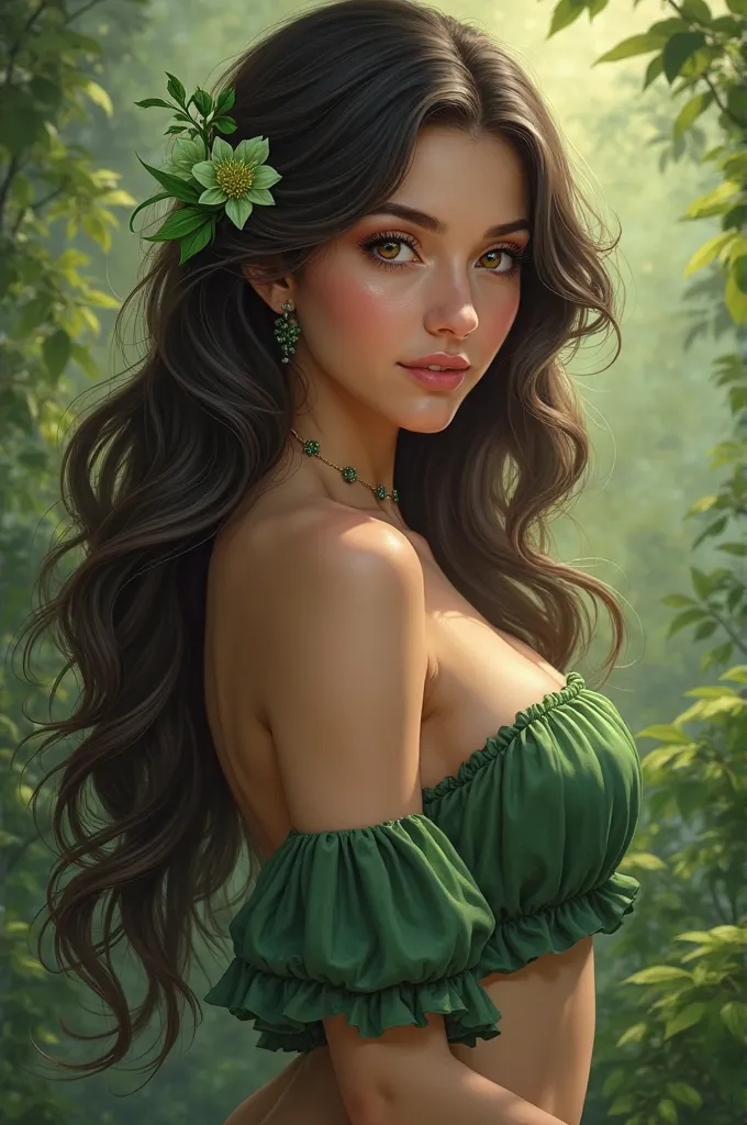 A curvy white girl with black hair, a green flower tucked behind her ear, and black-brown honey eyes, wearing a green gown curved  short-layered frock real and full picture of a woman real image 