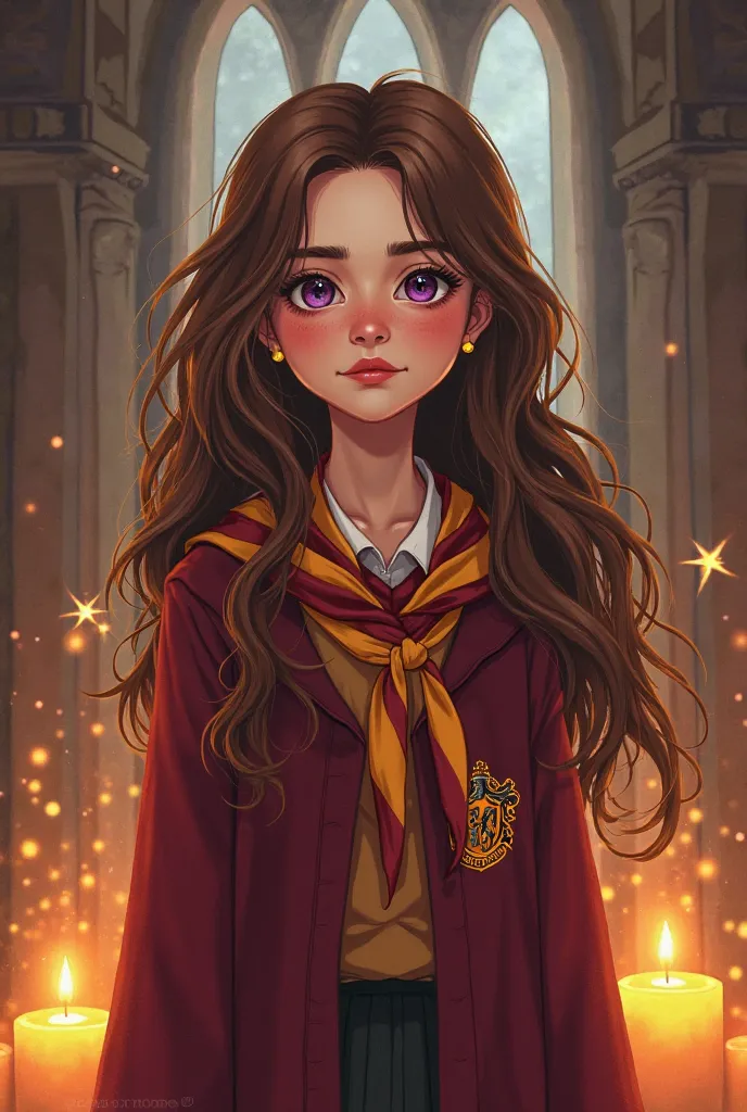 a  girl with long wavy brown her with purple eyes and using gryffindor uniform, draw style