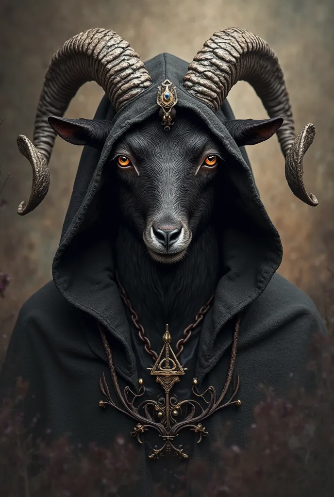 The goat will be black and imposing, with bright and penetrating eyes, emerging from the shadows.
The black hood will cover part of your head, little and the visible eyes. The fabric will have realistic folds and textures, looking like a ritualistic cloak....