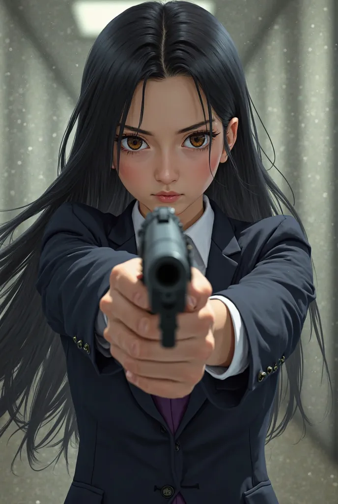 A girl with black hair and brown eyes carrying her gun in her official dress