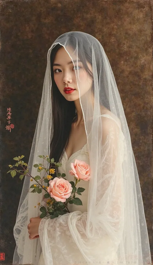 Tip: The background is Chinese calligraphy and painting. The picture is antique. A portrait of a stunning young woman in a white veil, with long hair covering her chest and shoulders, holding a rose in one hand, on a dark brown gradient background, in the ...