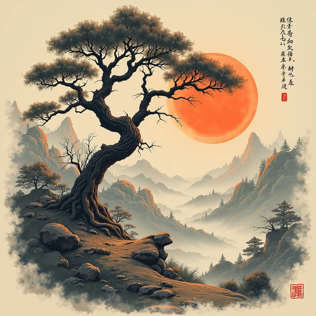 traditional chinese tattoo of lanscape with detailed tree and sun