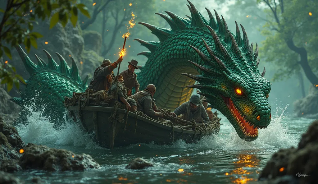 "In a sudden blur of movement, Yara strikes from the water, her powerful body coiling around the poachers’ boat. Her emerald scales glisten with river water as she tightens her grip, causing the wooden planks to creak and splinter. The poachers, wide-eyed ...