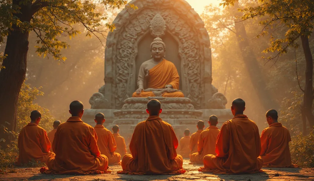 A group of monks in orange robes are seated in lotus position in front of an imposing Buddha statue, carved in ancient stone. The sunset pours golden tones over the scene, illuminating the serene faces of the practitioners.  the silence is deep , interrupt...