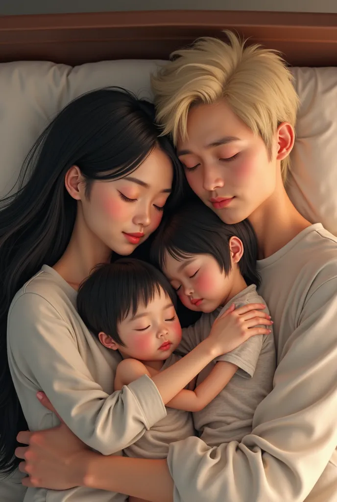 An Asian family sleeping together, the mom with long black hair, And the blond haired dad, surrounding the 39-month-old black-haired twins