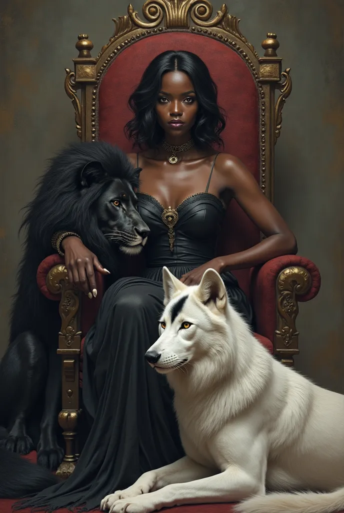 A female of dark skin with dark short black hair with sitting in a throne. A 1.a black lion needs a white crescent moon on his head, and white paws, with white tips on the ears and tail sitting by the arm of the throne.  a white wolf needs a black crescent...