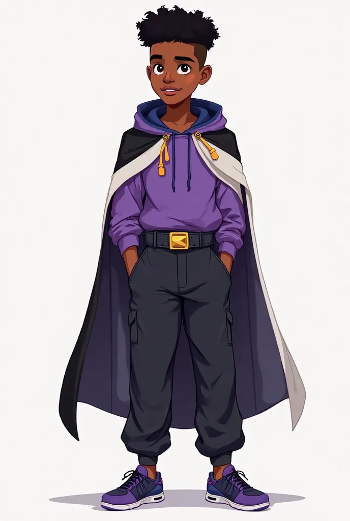 Make an image that portrays a young black hero, with frizzy hair in a very short low fade cut and confident expression with a. He wears a simple purple blouse, a black and white cloak with a hood, } a dark blue belt with gold details and loose black pants,...