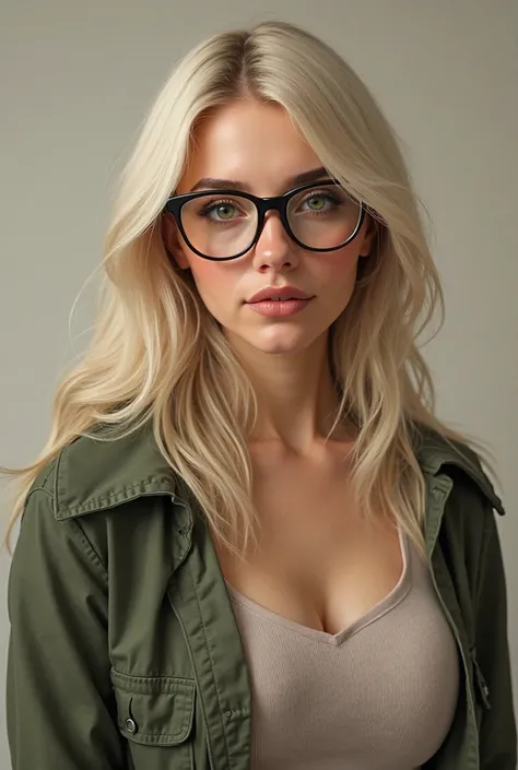 A tall blonde and pale woman in her 40s. She is slightly chubby and has almond shaped green eyes. She wears glasses and has thin hair to the shoulders.