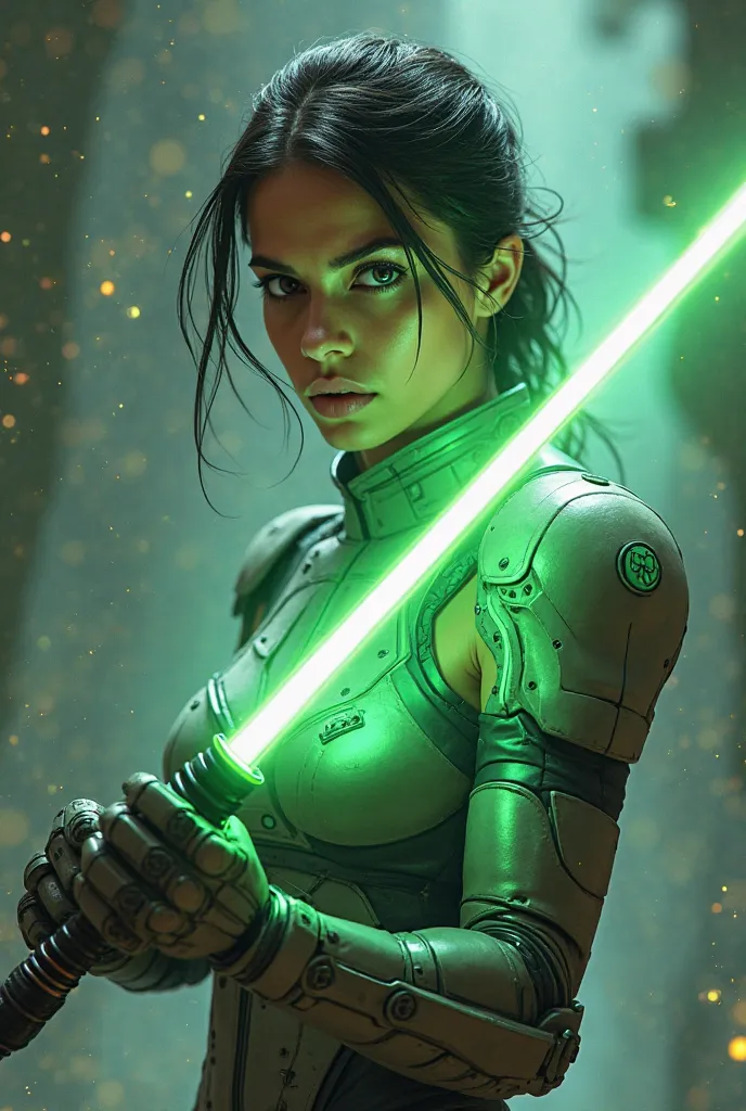 You have a pretty girl in armor and flats with a Star Wars-style green sabre 
