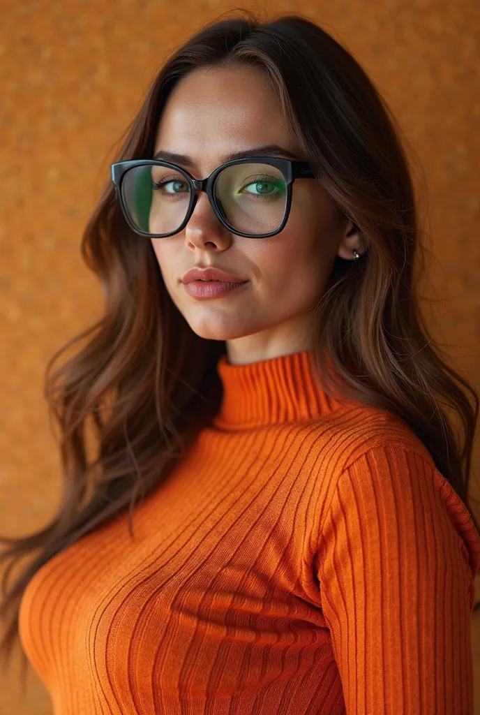 arafed woman in an orange sweater and glasses posing for a picture, amouranth, thick glasses, better known as amouranth, big glasses, thicc, sfw huge breasts, velma, big round glasses, young beautiful amouranth, busty, amouranth as a super villain, covered...