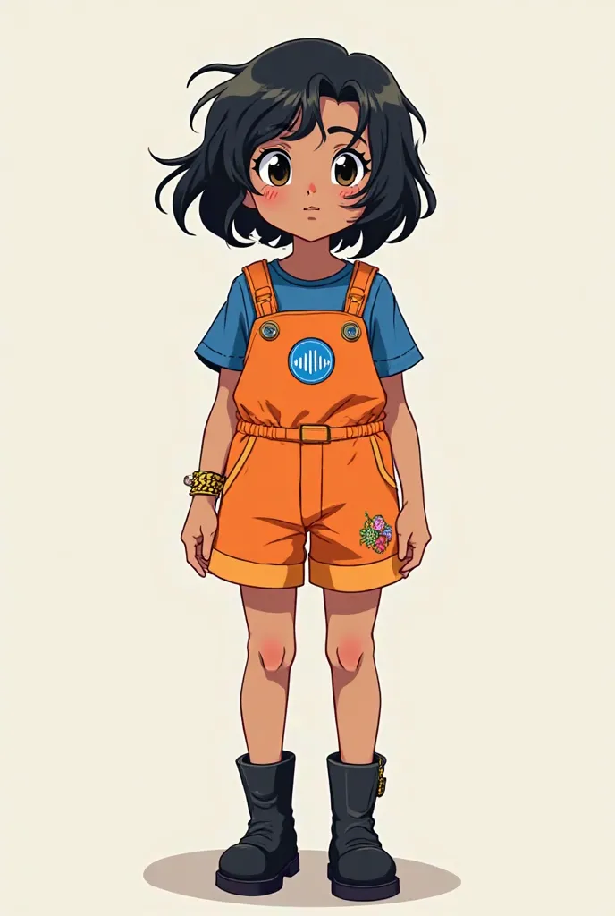 Make a young brown heroine with wavy, black hair that runs past her shoulders. She is short and kind of chubby, wearing an orange planter with shorts and embroideries that add a touch of style and personality. underneath, wears a short sleeve blue blouse, ...