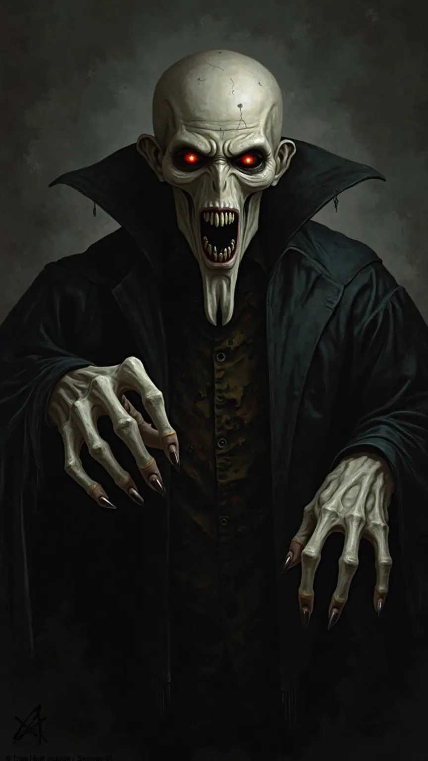 image of nosferatu. A count who has a monstrous appearance, with long fingers and frightening eyes