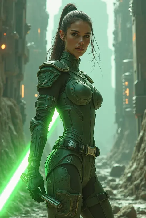 style green sabre you have a pretty girl with sexy armor and heels, With a Star Wars 
