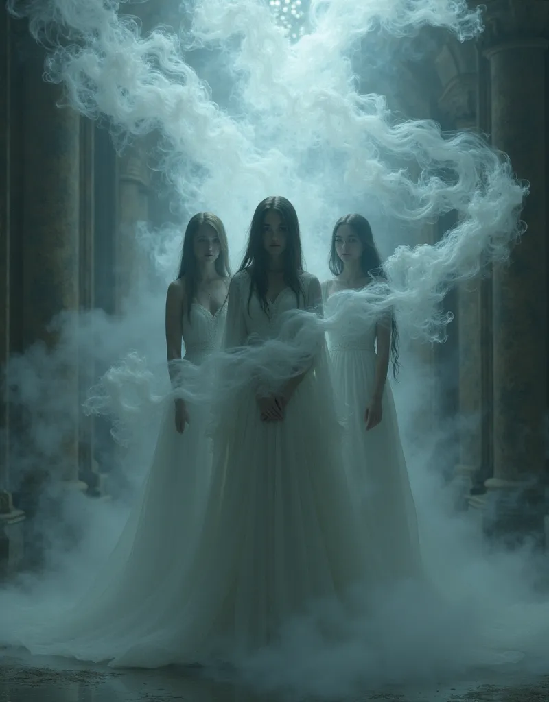 From a large spiral of smoke formed in a room you can sense the three-faced shapes of young women.