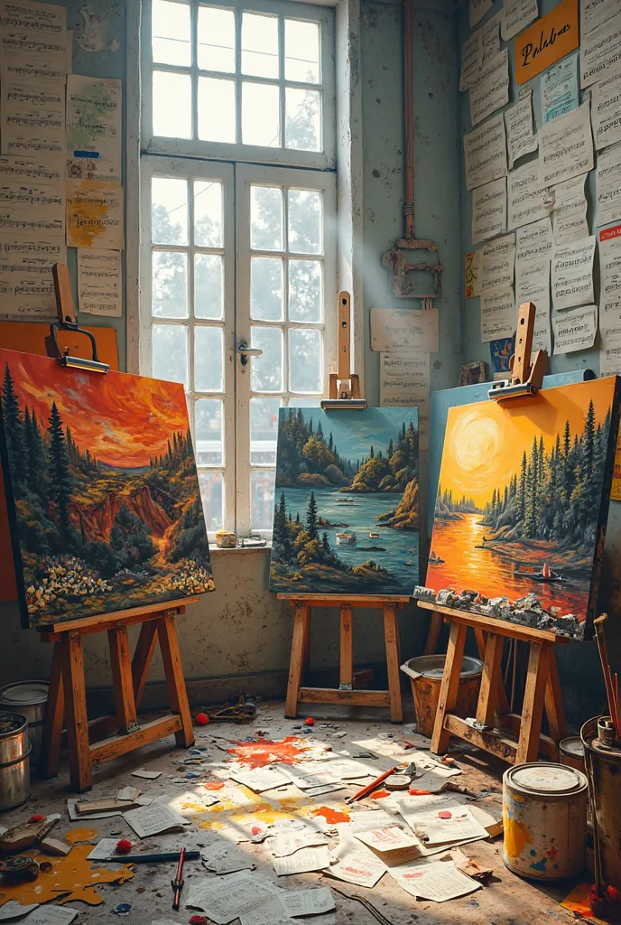 A wide painter’s studio with music sheets pinned on walls, scattered on the floor, surrounded by easels, paint cans, and brushes, with unfinished abstract paintings blending music symbols into landscapes.