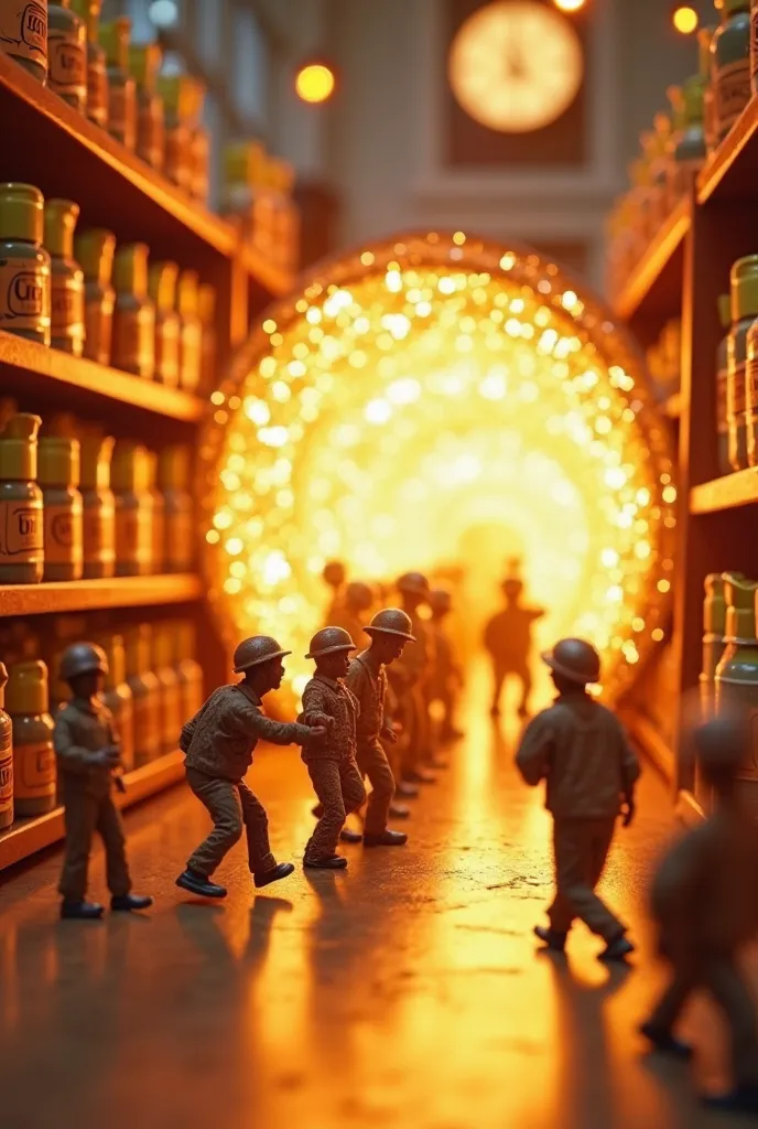 "A group of tiny workers rolling Candeo deodorant bottles through a glowing magical tunnel. The products emerge onto store shelves, ready for customers. The scene is filled with warm golden lights and a whimsical, enchanting atmosphere."