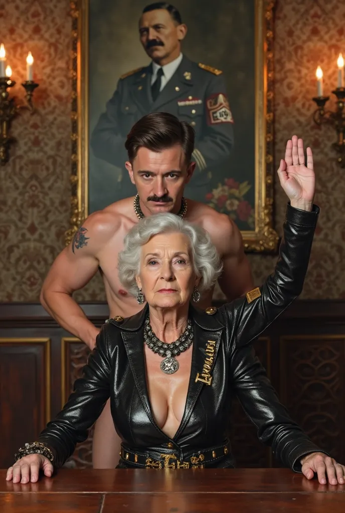 A young boy and a rich elderly woman, front view,  The  stands behind it and screws the woman with his cock , His hands touch the woman's breasts. The  is only in leather underwear with studs and thorns. The woman is leaning forward behind a table and lean...