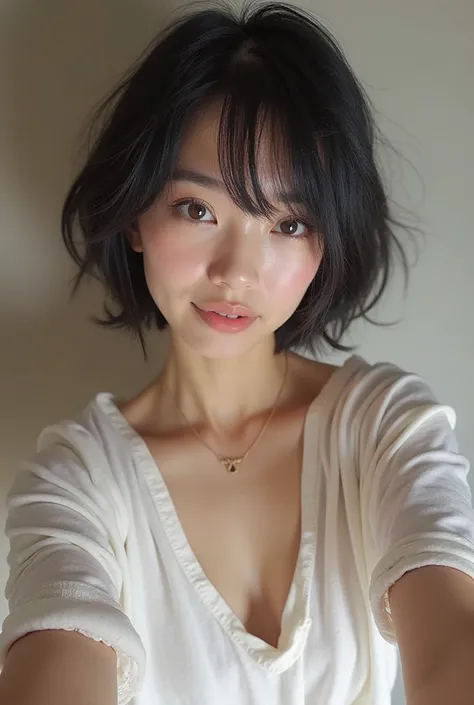 Generate real selfie without face showing only the casual covering nightwear with shorts she's wearing of a fair (ivory skintone) woman with short (black) hair and bangs . Face can't be seen in the picture as the selfie is taken from an upward angle to sho...