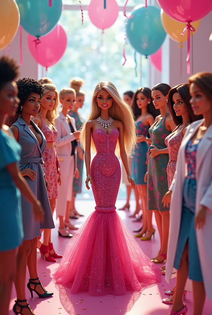 You can generate an illustration about Barbie's 66th birthday, surrounded by barbies with different professions, Bodies, height and skin tones 