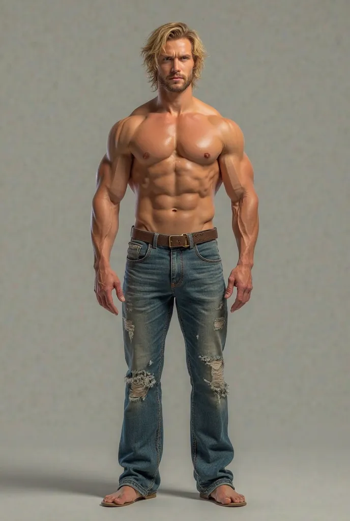  A shirtless man, wearing only jeans.  he's standing, exhibiting a muscular body with a defined abdomen. Your hair is blond and wavy,  falling a little over his shoulders 