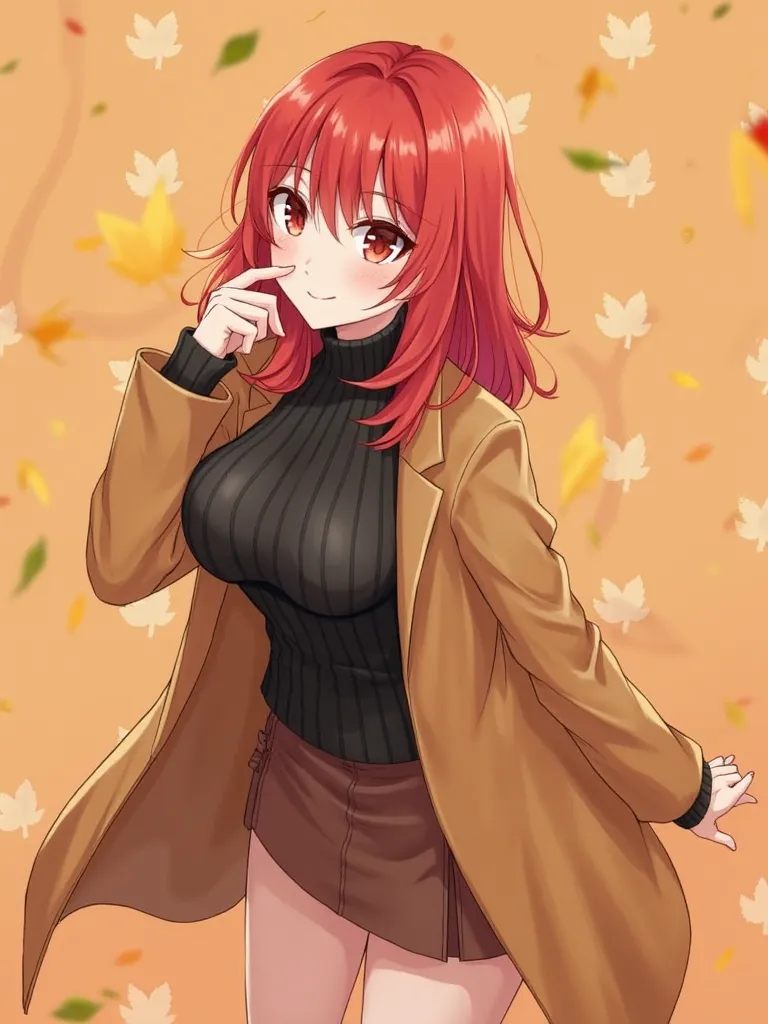 check_9, check_8_  upwards, check_7_  upwards,  1girl, autumn, autumn leaves, black sweater, bob srez, Breasts, brown coat, brown skirt, closed mouth, coat, large Breasts, sheet, sheet background, long sleeves, looks at the viewer, medium length hair, over...