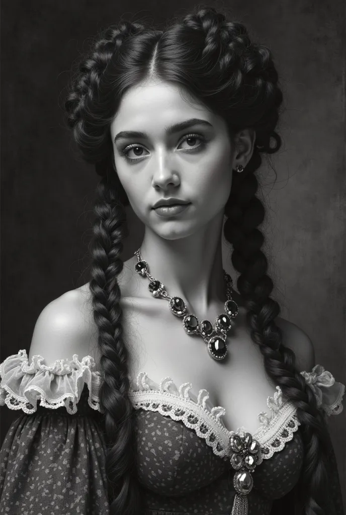 young woman with long dark hair, collected in an intricate hairstyle with curls. She has expressive dark eyes, thin eyebrows and full lips. She is wearing an off-the-shoulder dress, decorated with lace and frills. around her neck she has a necklace with la...