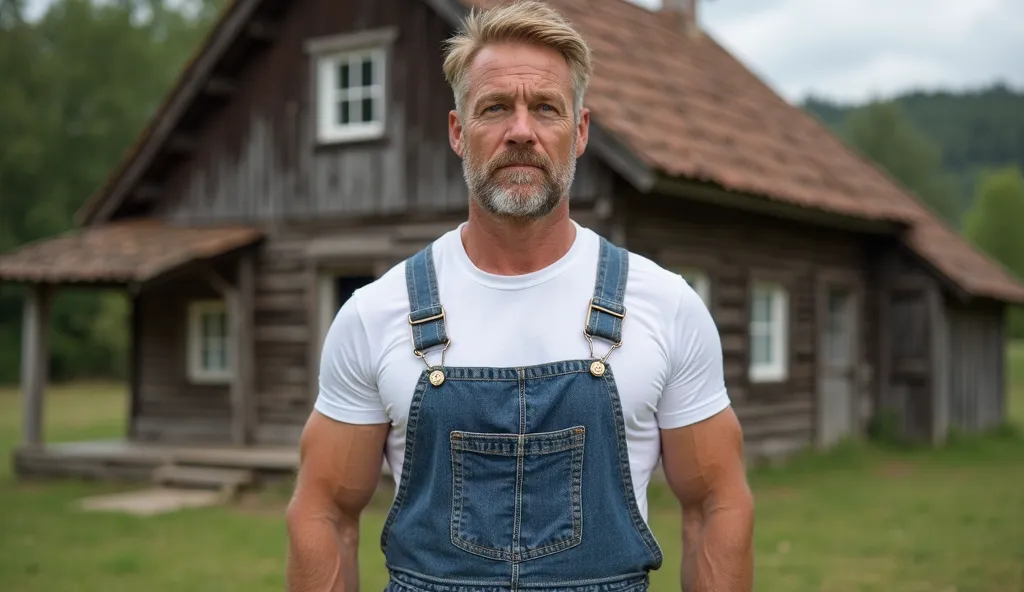 (young man, tall, strong, body of someone who goes to the gym. Strong blue eyes, straight, well-combed and silky hair of medium length and blond color. He has features of a European man in his 40s. He wears denim overalls and a white t-shirt. In the backgr...