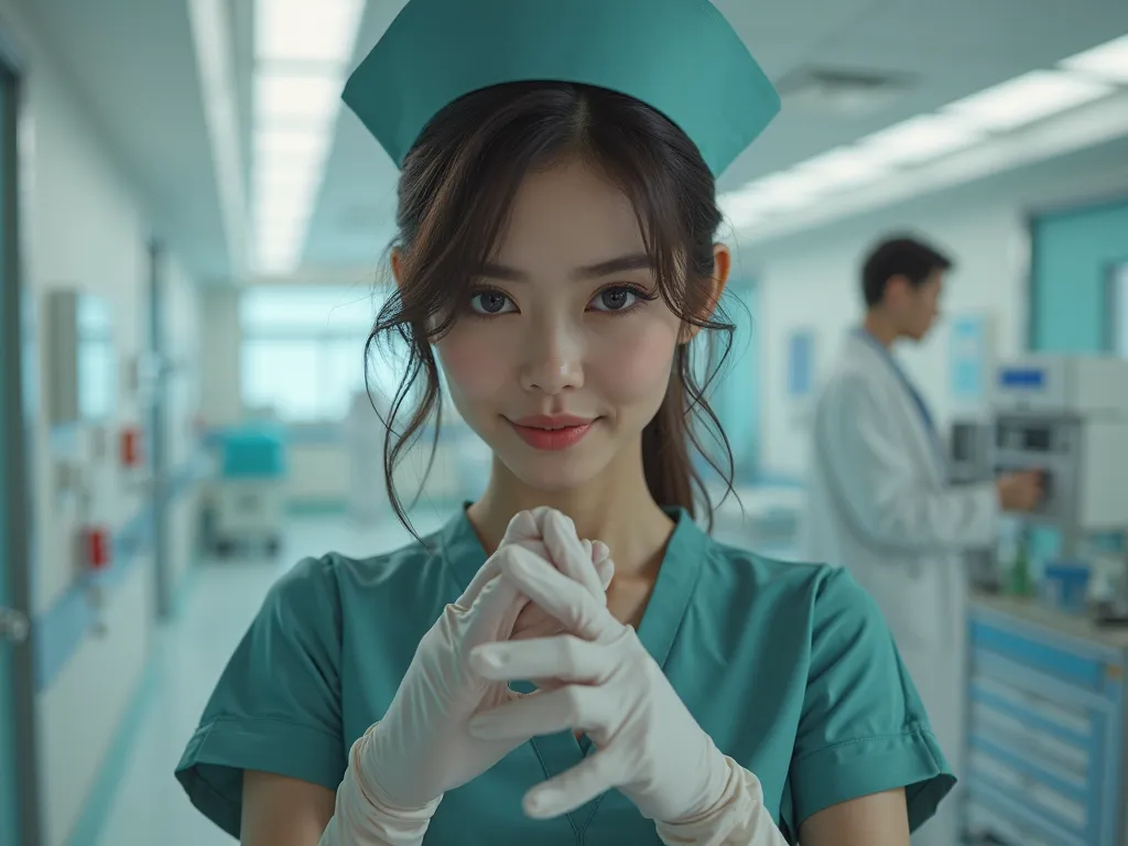 a nurse in a younger age and let it be sexy, naughty expression, behind when she puts on gloves in a hospital and realistic