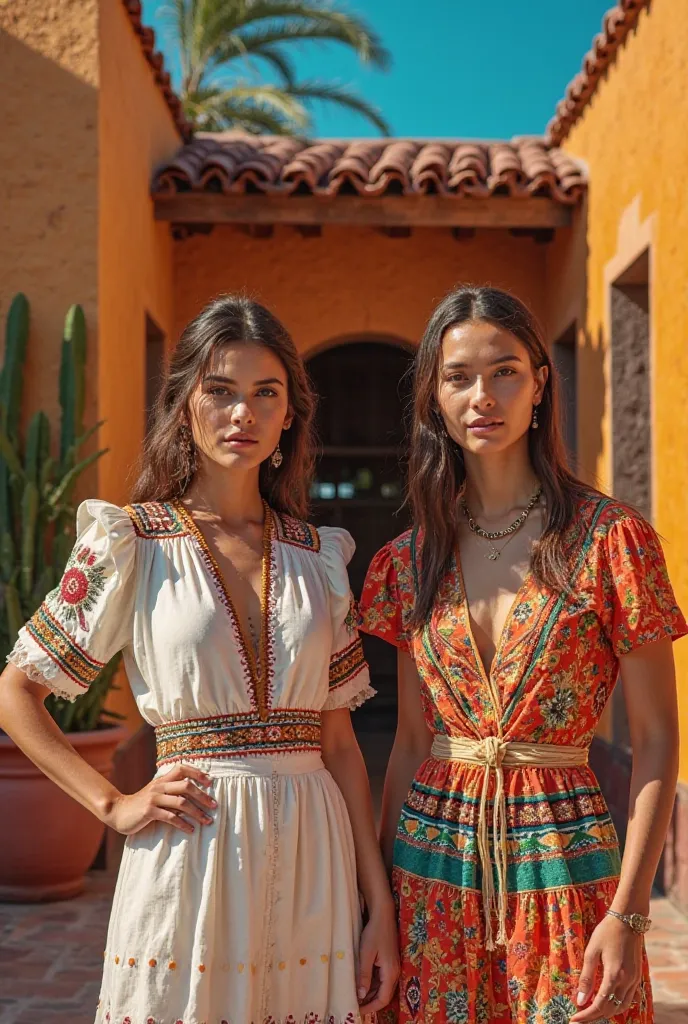 Give me a promotional image of a Mexican clothing brand called Nómada, with warm color palette, For summer ,  for men and women , between 20-30 years old 