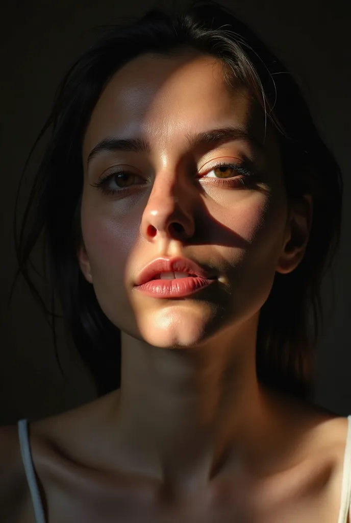 Photograph of a Machiavellian woman in high contrast with light and shadow in low key. a color. Half of the face, his gesture expresses innocence and happiness, and the other half of the face expresses Machiavellianism and deception..