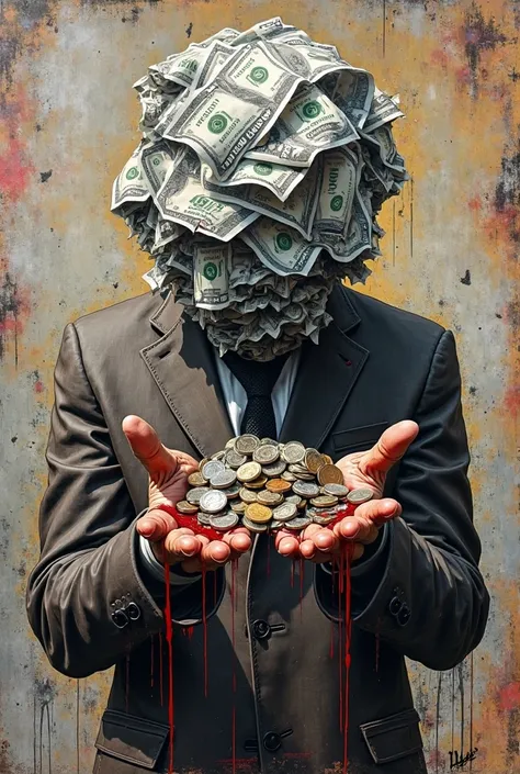 “Urban graffiti . It represents a man without a head, in which a large crumpled bill is found, showing folds and marked textures. The man's hands are stretched out and full of money: bills and coins pile up, Blood drips from his fingers, symbolizing the sa...