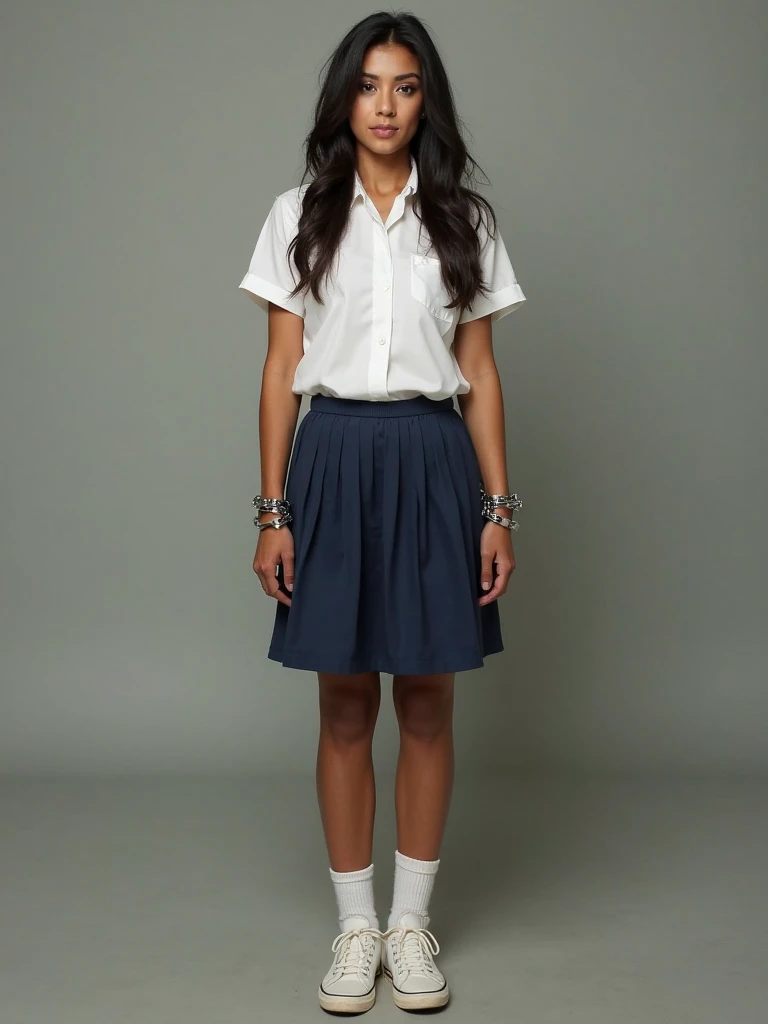  adult Mexican woman ,  in her thirties, with brown skin and long dark hair, Latino features,  wearing a prisoner's uniform :  a white short-sleeved blouse , a navy blue pleated skirt ,  white socks and sneakers ,  with shackles on the wrists and ankles .