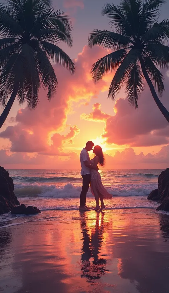 Beautiful sunset beach ocean waves blue white 
2 silhouettes man and woman are dancing on the beach 
Sunset mystery real atmosphere 
Meisterwerk
High quality
Ultradetailled
White clouds 
Palms