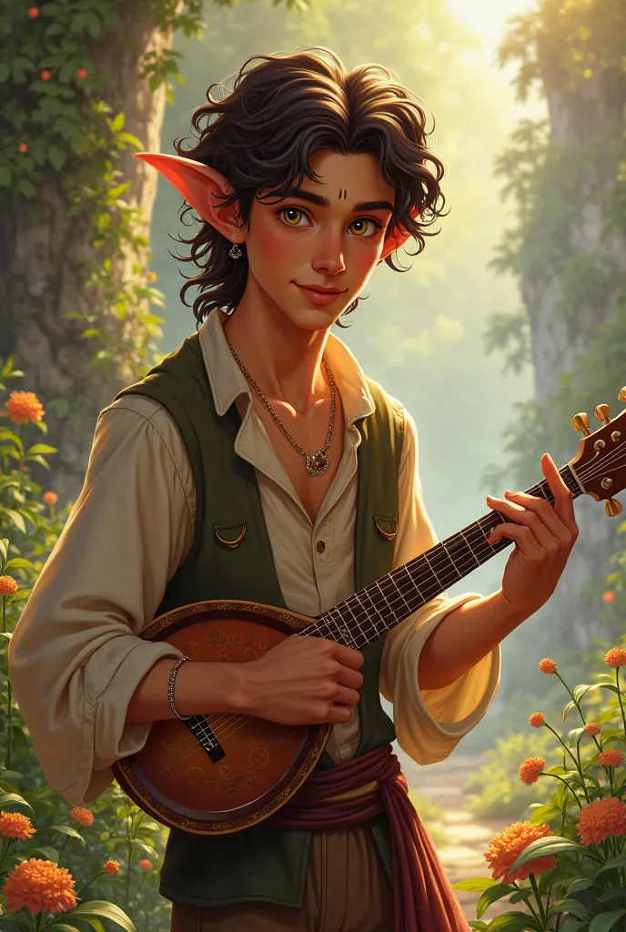 Male elf, curly hair, Disney animation style, brown skin, yellow eyes, holding a lute