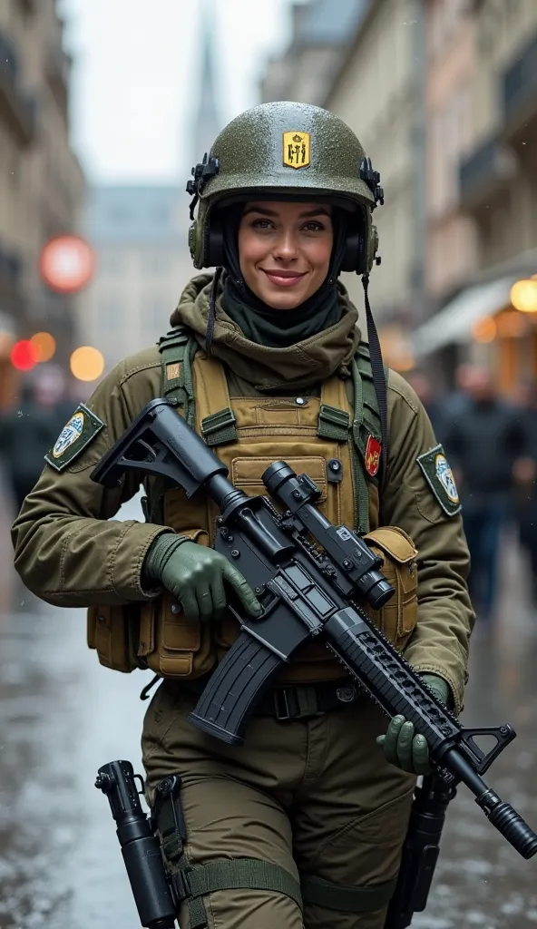 "Hyper-realistic 8K cinematic video of a toned Belgian Armed Forces officer in NATO-standard tactical gear patrolling Brussels’ cobblestone streets, her athletic frame accentuated by body armor. She carries an FN SCAR rifle, flashing a confident smile at t...