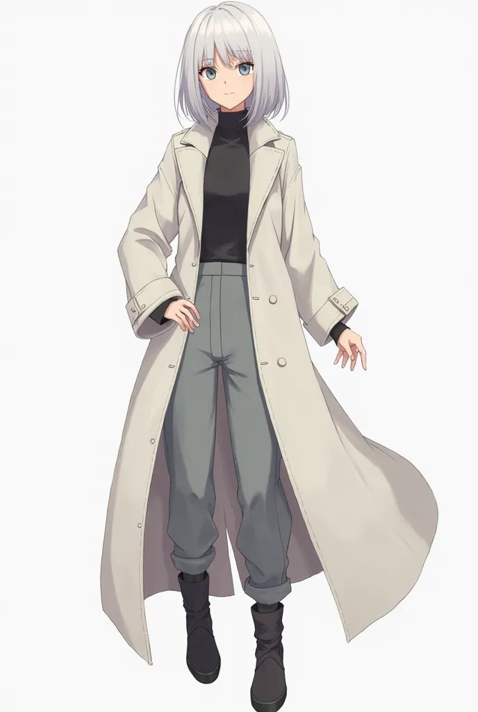 Generate an anime styled mature woman, platinum blond and grey eyes, wearing a long, white coat that falls to her ankles. The coat has a high collar and a long, asymmetrical front that opens to reveal a pair of gray pants. The pants are fairly straight-leg...