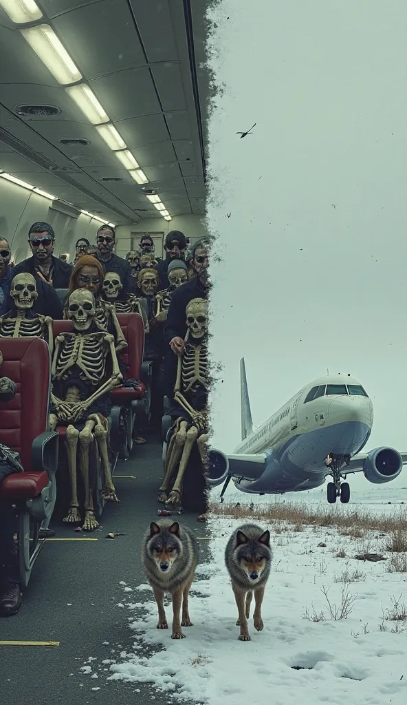 Image is a digitally manipulated collage with a dramatic and eerie theme. On the left, there is a stylized depiction of a plane interior filled with skeletal figures, suggesting a haunting or apocalyptic scenario. The figures have exaggerated skeletal feat...