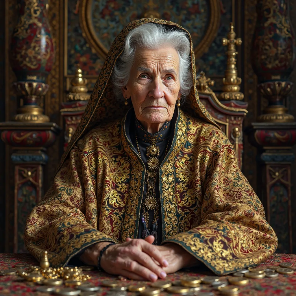 Eastern European Matriarch: An elderly Eastern European woman in her 70s is portrayed at an intricately designed table filled with historic coins, delicate gold trinkets, and lavish treasures. Her dignified expression and richly detailed, gold-infused prie...